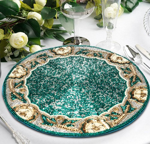 Beaded placemats round teal - placemats,